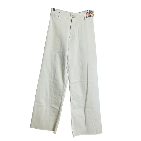 Desigual Jeans Womens 34 US 2 Off White High Rise Wide Leg Embroidered Raw Hem - Picture 1 of 12